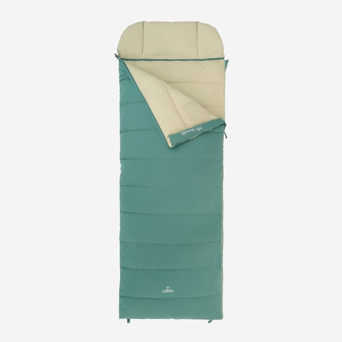 NOMAD Brisbane premium sleeping bag in spruce green with a light lining and a rectangular design.