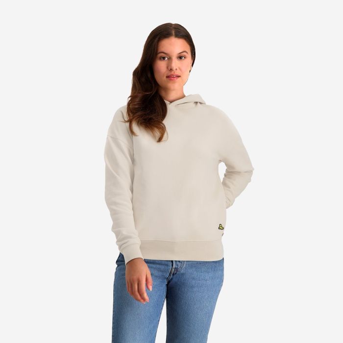 NOMAD Rolleston women's drop-shoulder hoodie in stone shown on a model