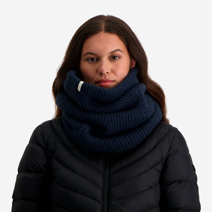 NOMAD Turoa women’s dark blue ribbed-knit cowl scarf worn by a woman