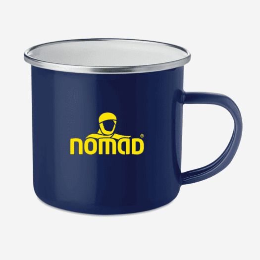 NOMAD dark blue enamel mug with yellow logo and metal rim for outdoor use
