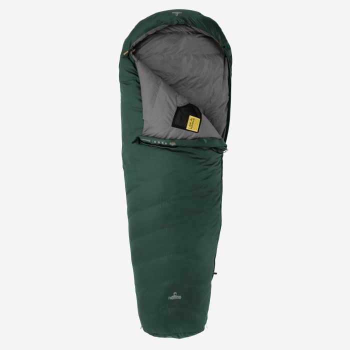 NOMAD Taurus 500 mummy sleeping bag in dark green with grey lining and a visible hood