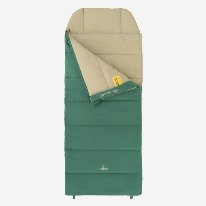 NOMAD Brisbane Premium Junior sleeping bag in spruce green with a beige interior, fully laid out