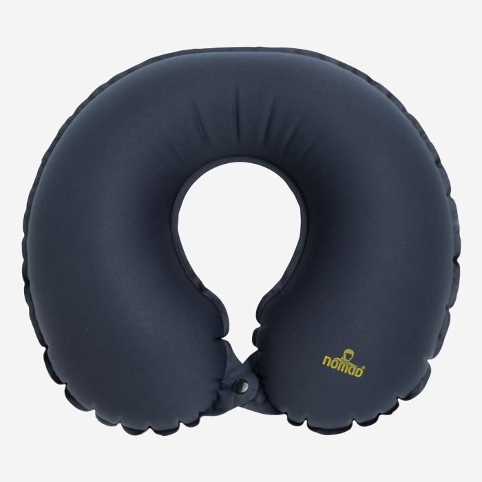NOMAD inflatable neck pillow in dark blue with logo for travel and outdoor activities