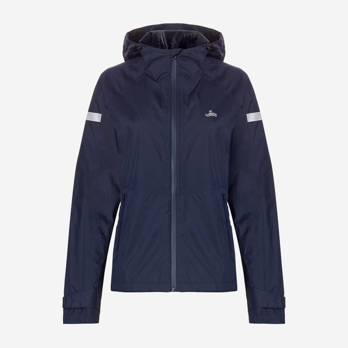 NOMAD women's premium dark blue raincoat with a hood and reflective sleeve details