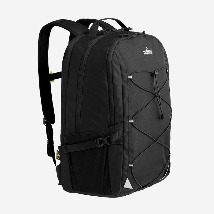 NOMAD Silfra 28-liter black daypack with adjustable shoulder straps and an elastic cord on the front