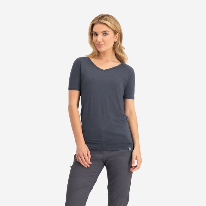 NOMAD dames pure merinowol T-shirt in graphite kleur met korte mouwen en V-hals