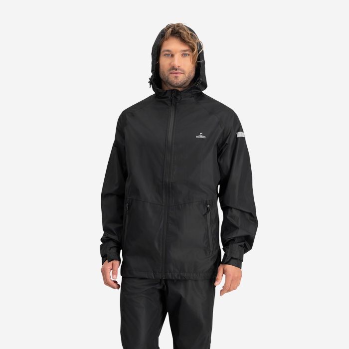 NOMAD premium men’s raincoat in black with a hood and front zipper