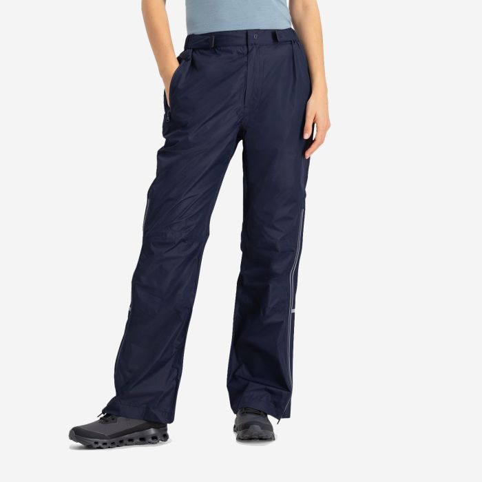 NOMAD regenbroek premium dames in donkerblauw met rechte pijpen en zijrits