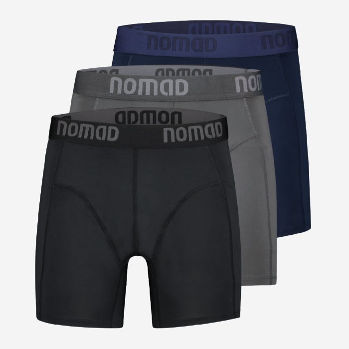 NOMAD multisport boxer briefs 3-pack in black, gray and blue with logo waistband for men