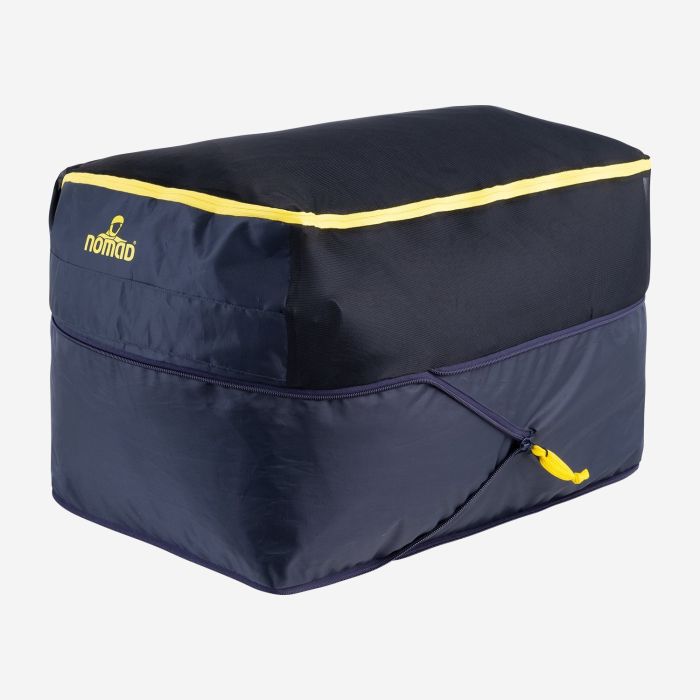 NOMAD mesh compressie opbergtas in donkerblauw met geel accent en ritssluiting