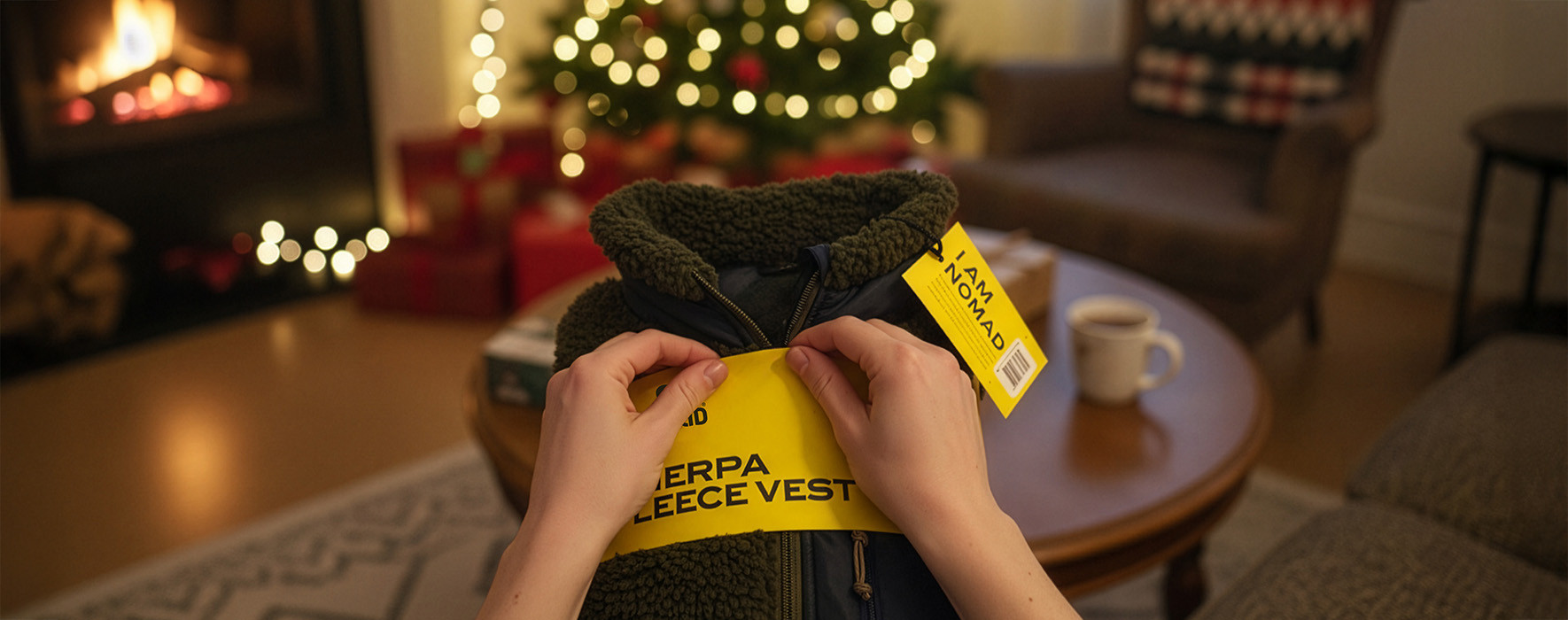 Hände, die eine Sherpa-Fleeceweste unter einem Weihnachtsbaum auspacken.