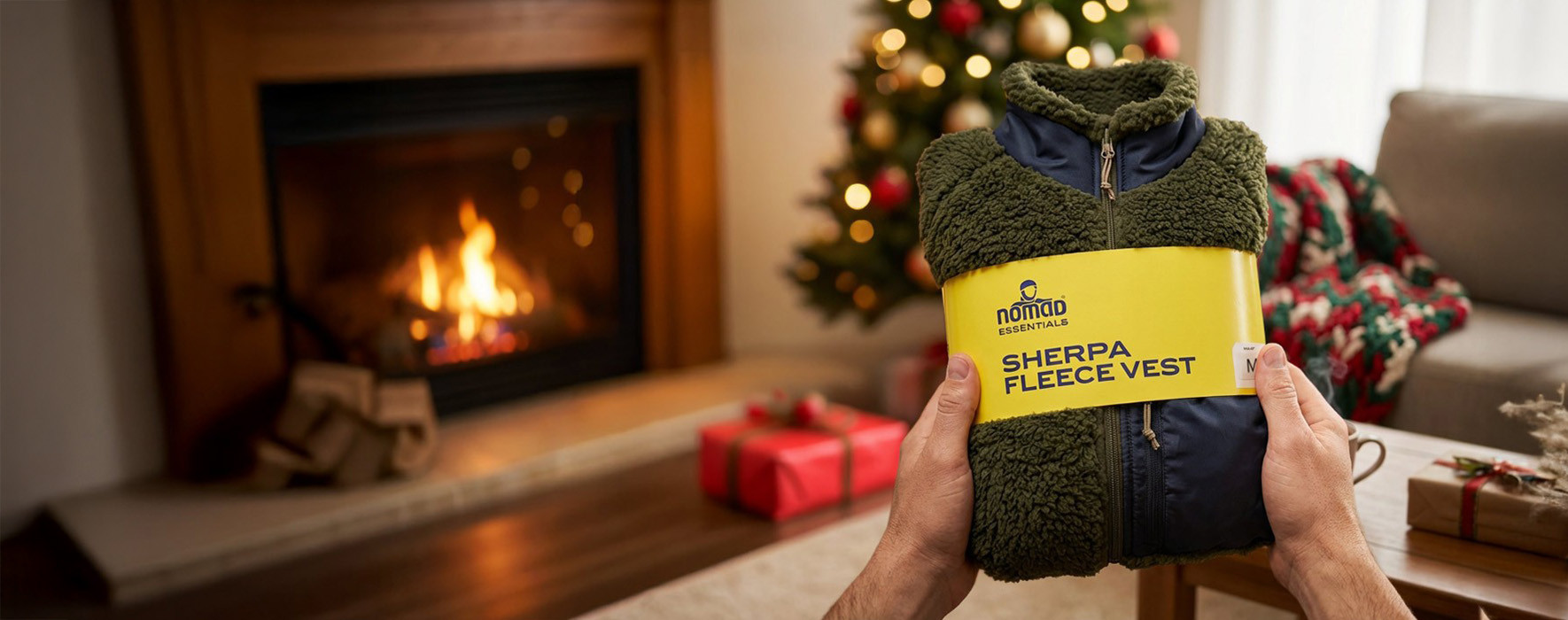 Handen die een Sherpa fleecevest uitpakken bij een kerstboom.